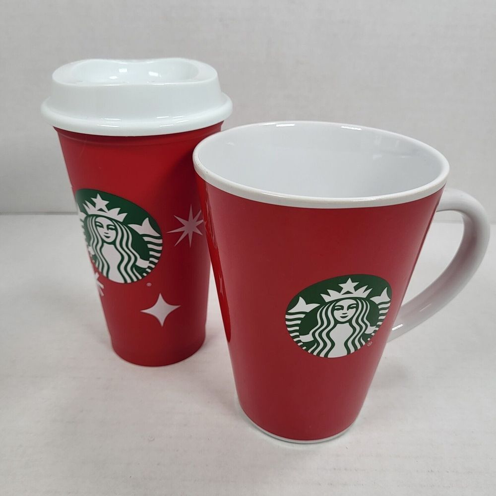 Starbucks Red Ceramic  17.24 oz. Coffee Mug & Reusable Plastic Holiday Cup 16oz.